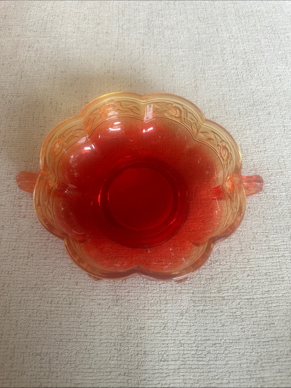 Vintage Jeannette Aztec Rose Amberina Glass Candy Dish Bon-Bob Bowl Handles